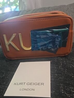 Kurt Geiger Tan Leather Crossbody Strap Pouch with Gold Lettering